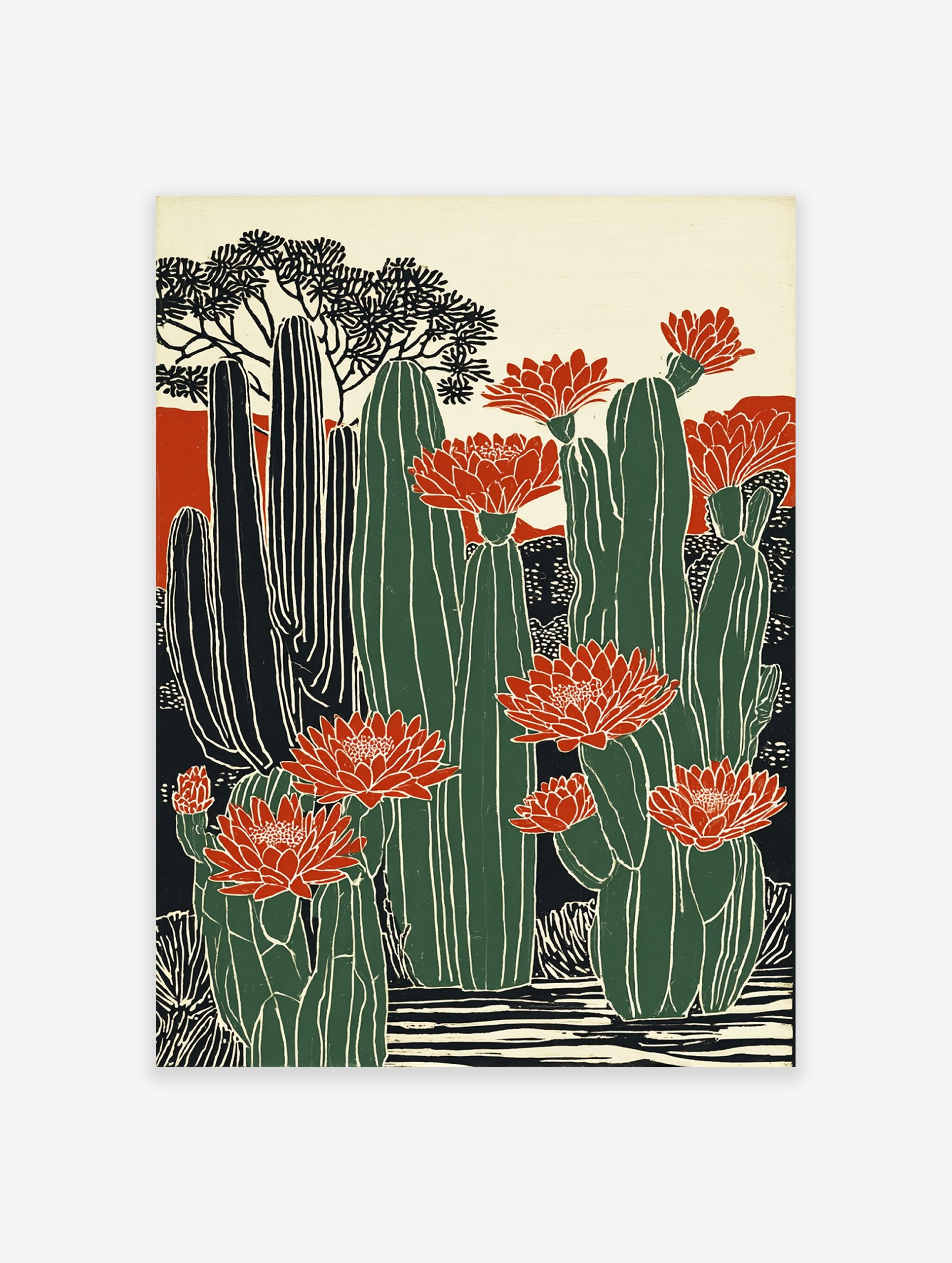 Illustrative cactus flower poster with green cacti and vibrant red blooms against a desert backdrop.