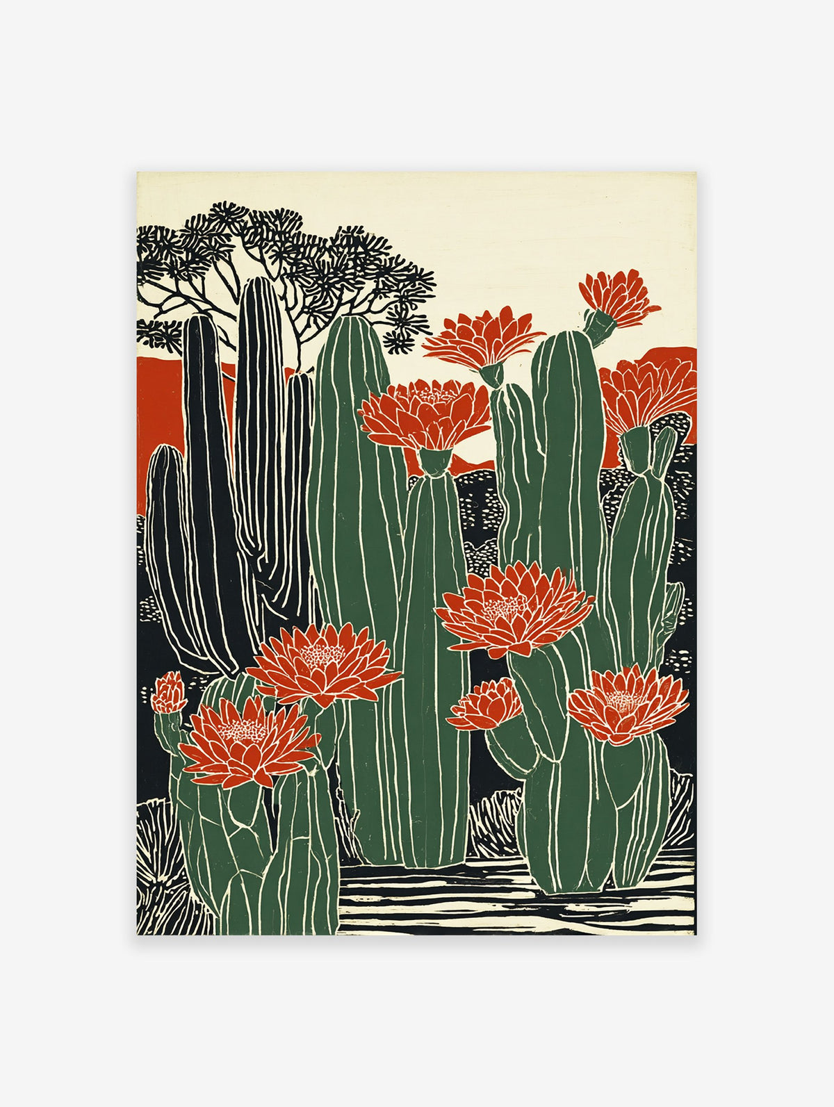 Illustrative cactus flower poster with green cacti and vibrant red blooms against a desert backdrop.