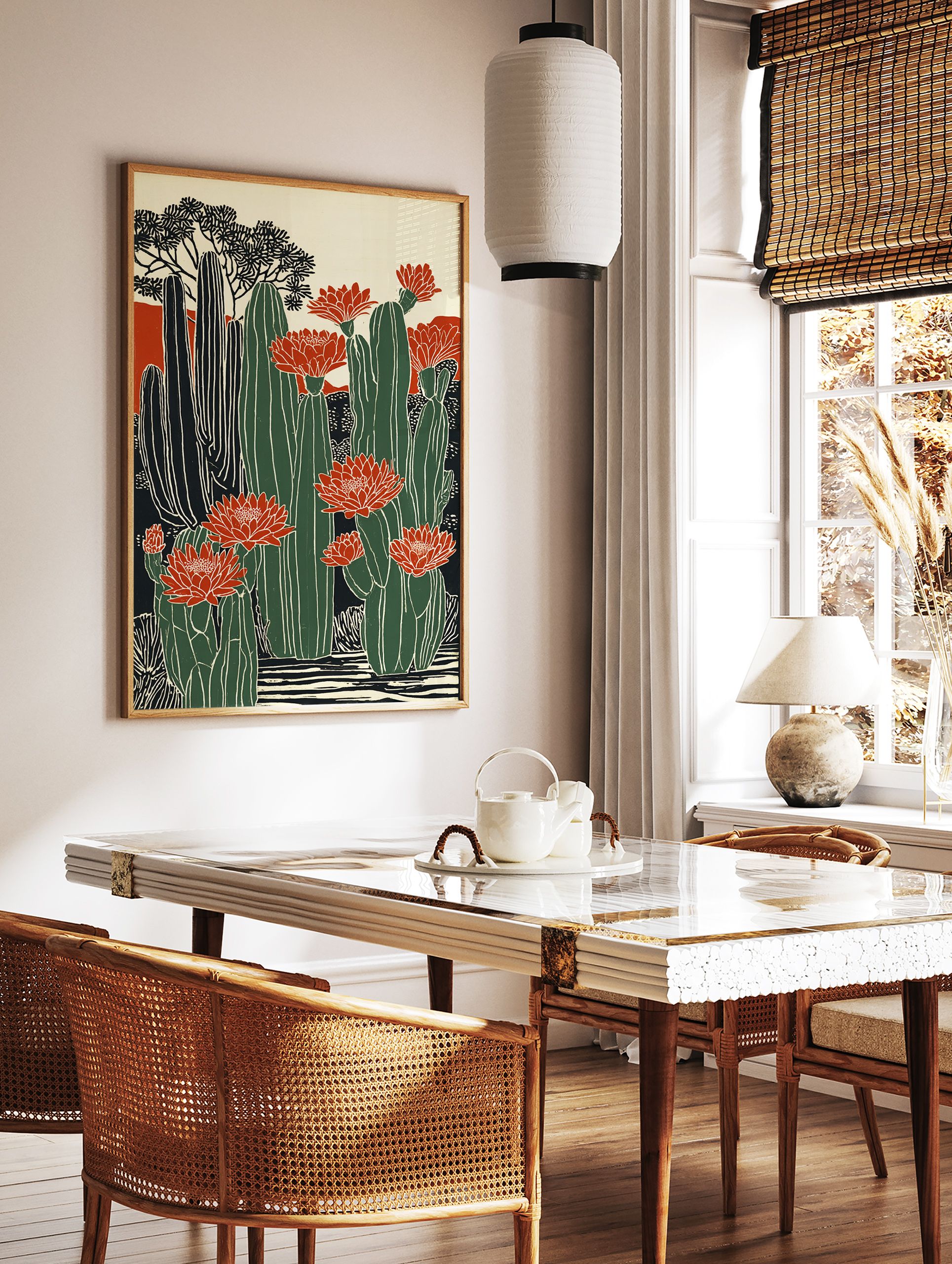 Illustrative cactus flower poster with green cacti and vibrant red blooms against a desert backdrop. - Image 2