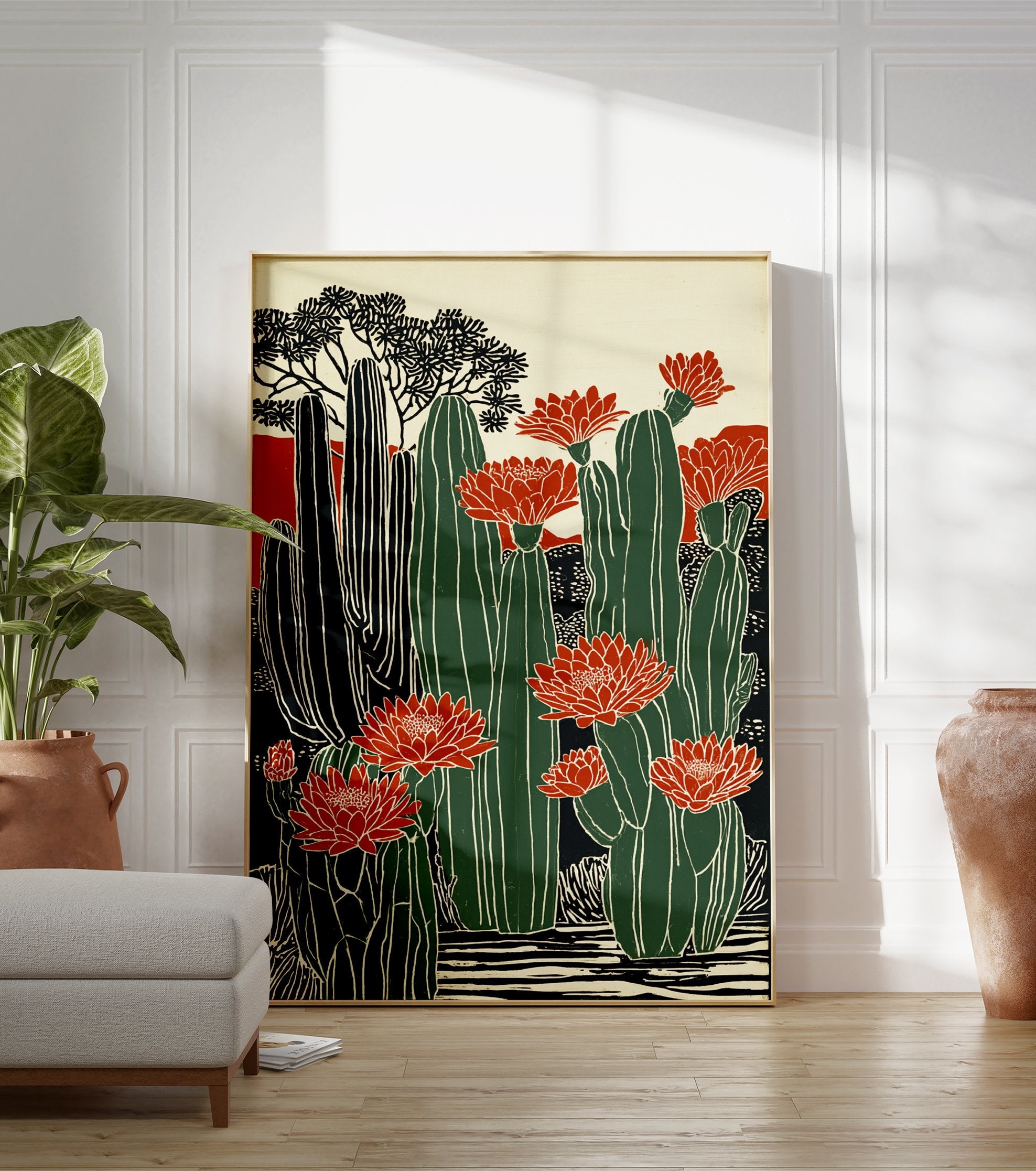 Illustrative cactus flower poster with green cacti and vibrant red blooms against a desert backdrop. - Image 3