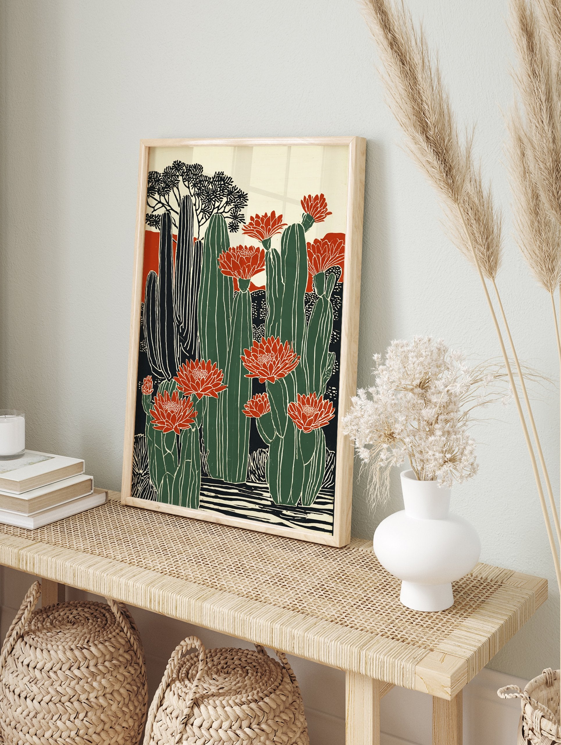 Illustrative cactus flower poster with green cacti and vibrant red blooms against a desert backdrop. - Image 4