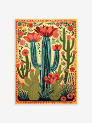 Cactus flower art poster with yellow background, green cacti, and vibrant red and pink blooms in an illustrated style.