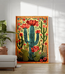 Cactus flower art poster with yellow background, green cacti, and vibrant red and pink blooms in an illustrated style. - Image 3