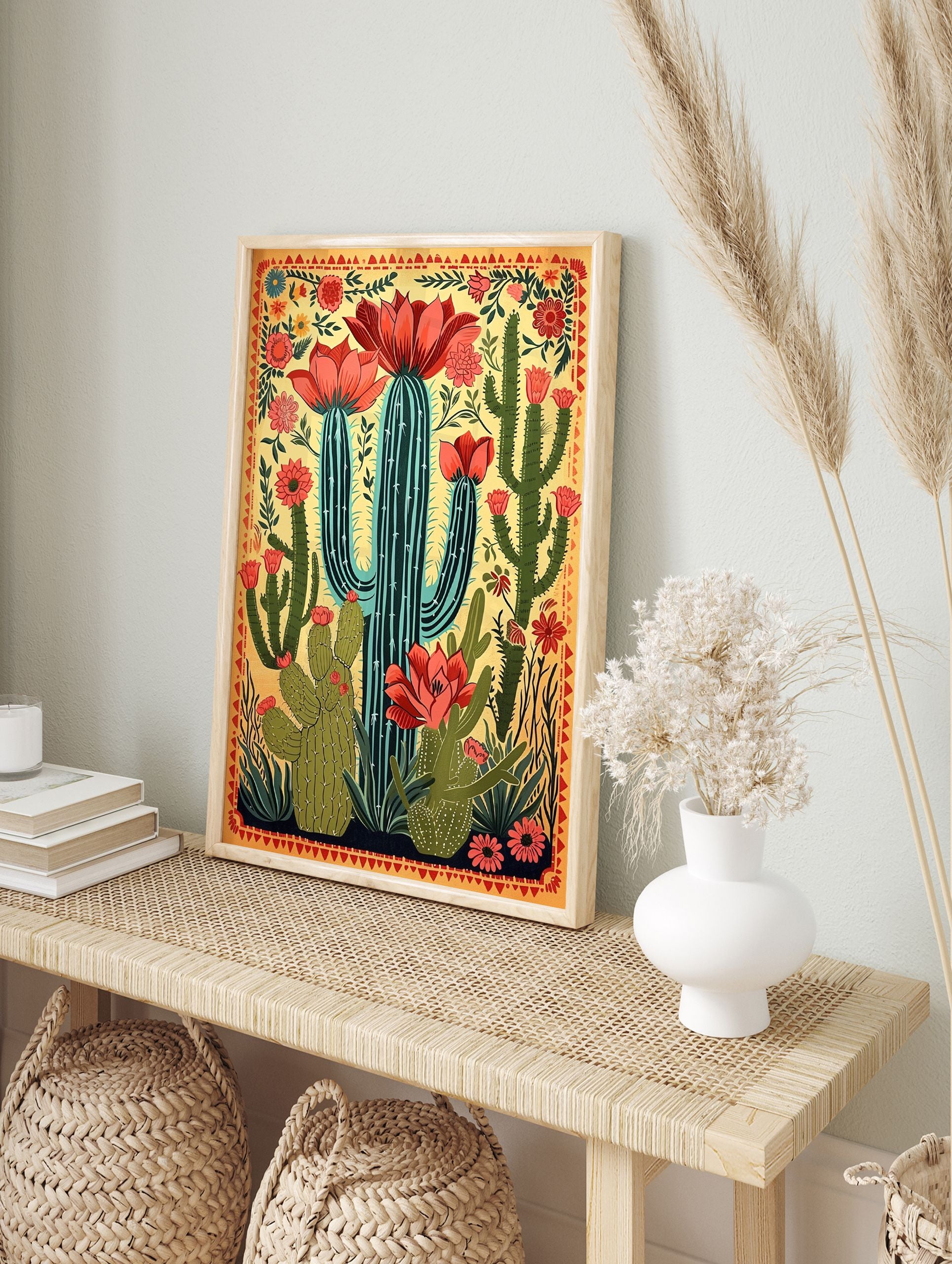 Cactus flower art poster with yellow background, green cacti, and vibrant red and pink blooms in an illustrated style. - Image 4
