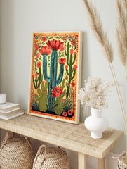 Cactus flower art poster with yellow background, green cacti, and vibrant red and pink blooms in an illustrated style. - Image 4