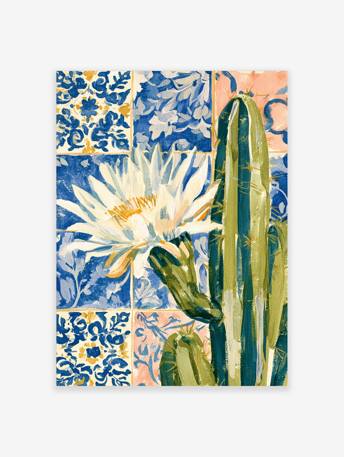Cactus flower poster with white bloom, green cactus, and blue tile background