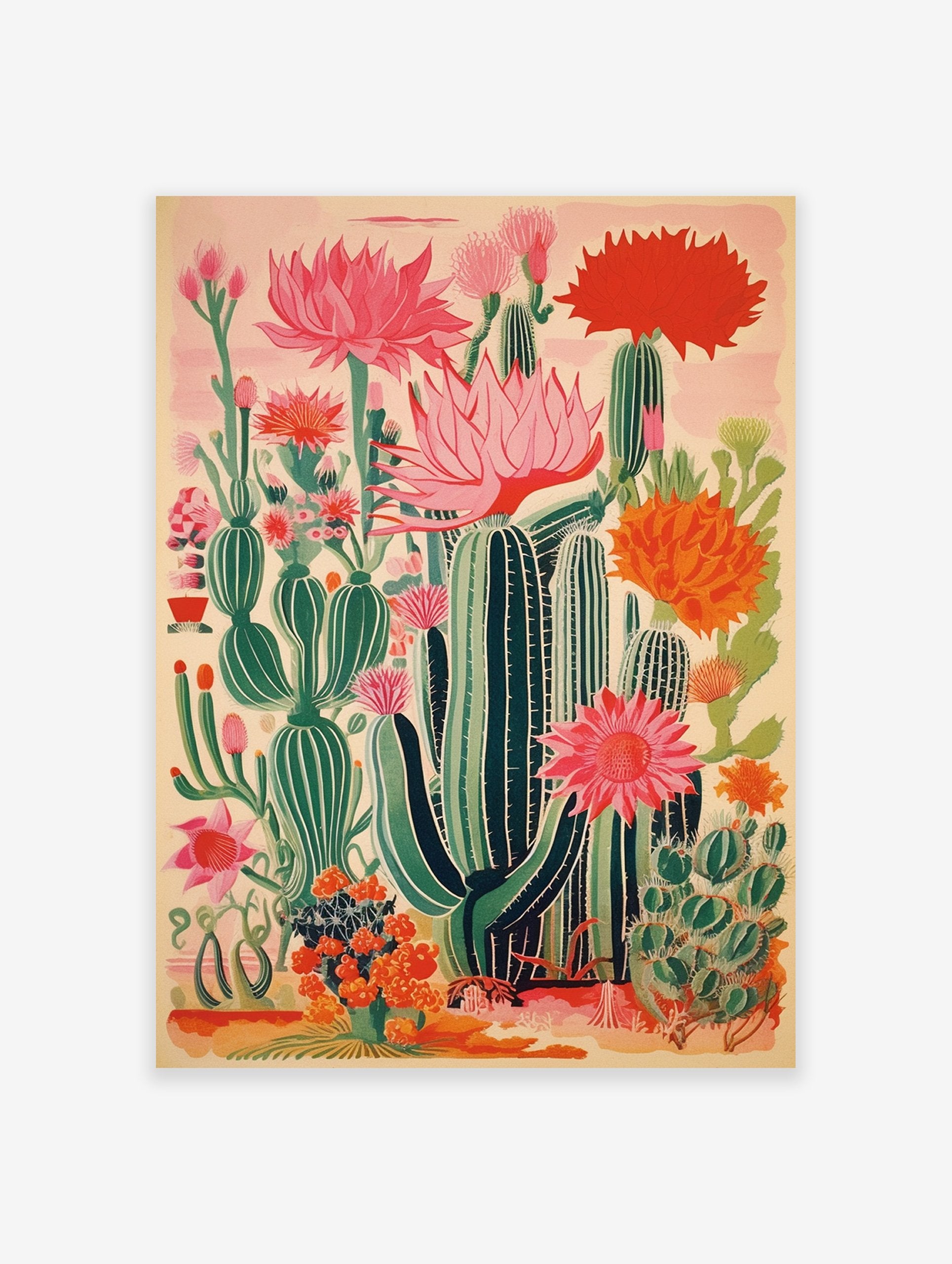 Vibrant cactus flower poster featuring blooming pink, red, and orange cacti in a stylized desert botanical illustration.
