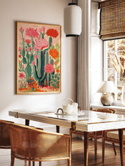 Vibrant cactus flower poster featuring blooming pink, red, and orange cacti in a stylized desert botanical illustration. - Image 2