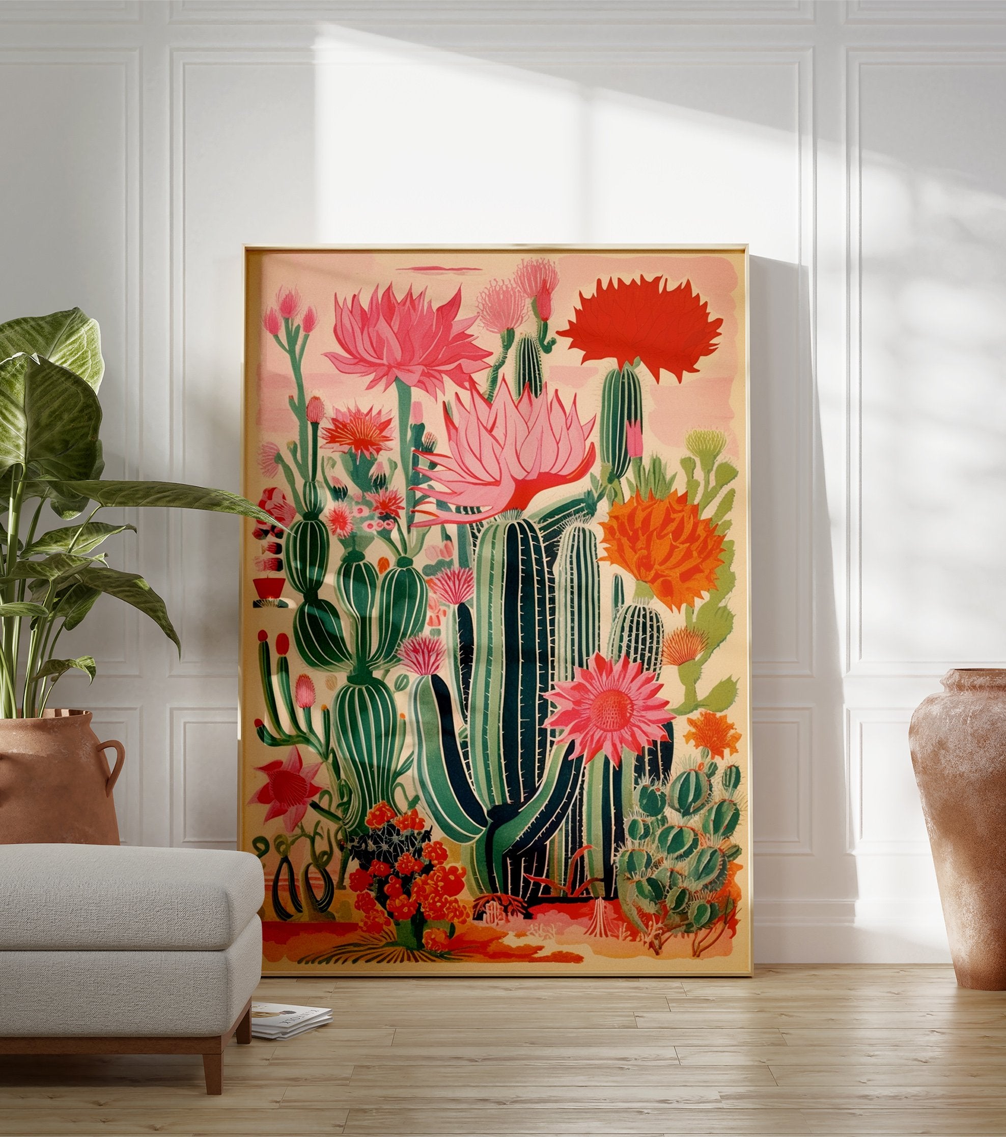 Vibrant cactus flower poster featuring blooming pink, red, and orange cacti in a stylized desert botanical illustration. - Image 3