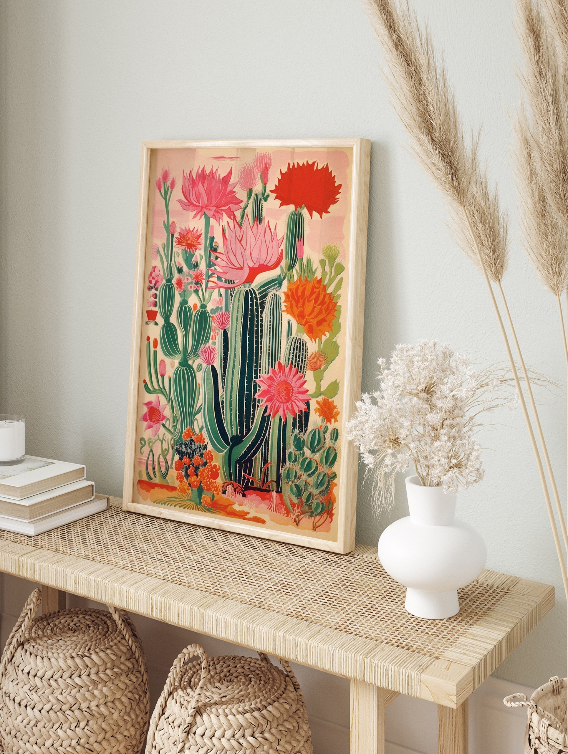 Vibrant cactus flower poster featuring blooming pink, red, and orange cacti in a stylized desert botanical illustration. - Image 4