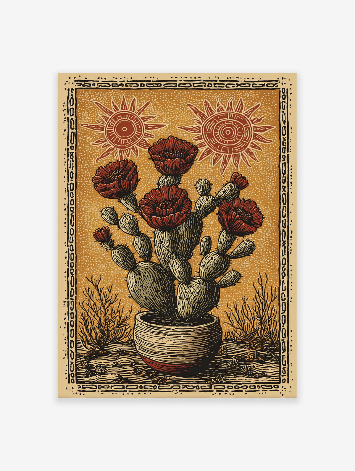 Potted prickly pear cactus flower poster with red blooms and stylized suns in a folk art style on an orange background.
