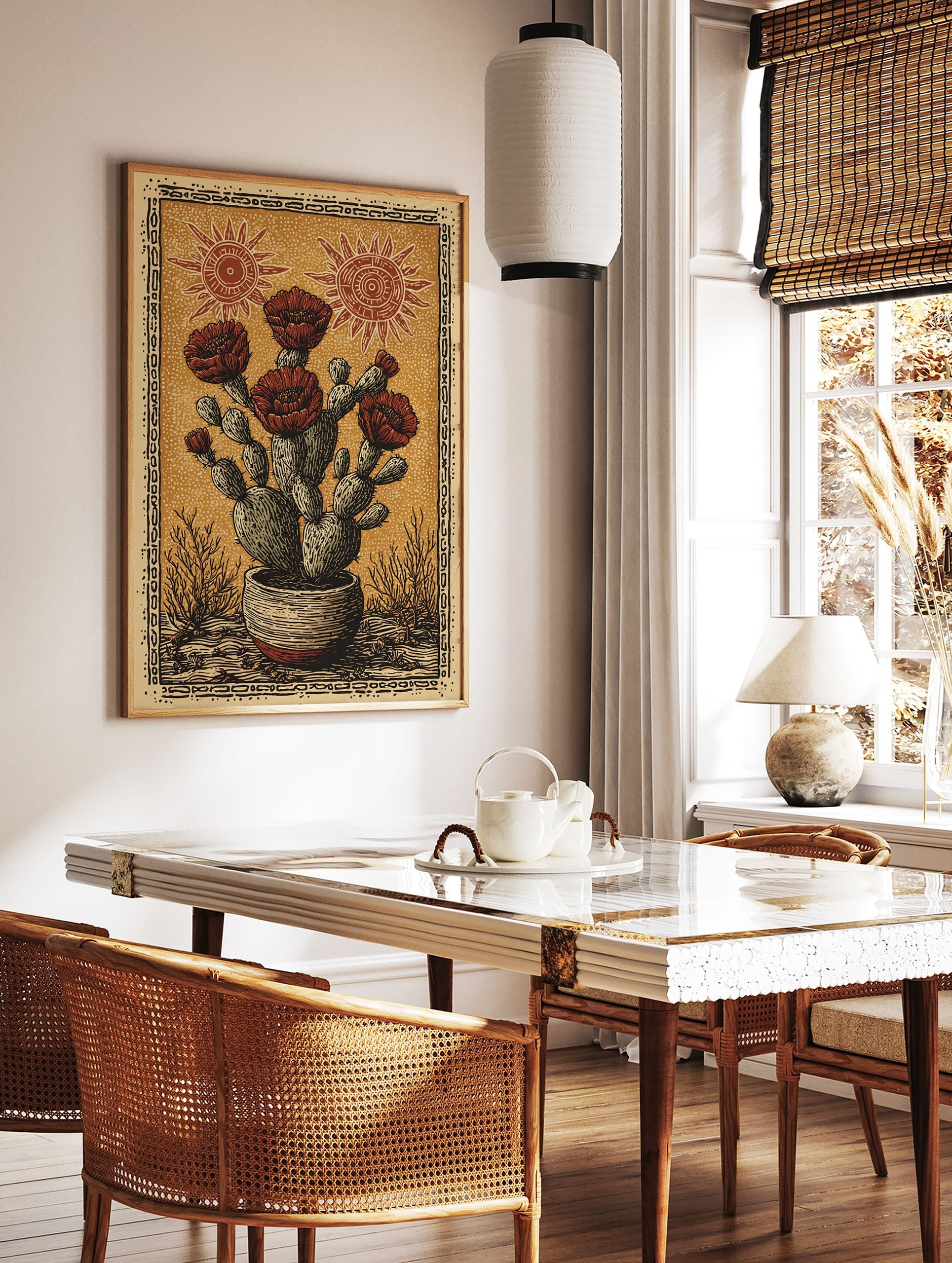 Potted prickly pear cactus flower poster with red blooms and stylized suns in a folk art style on an orange background. - Image 2