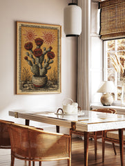 Potted prickly pear cactus flower poster with red blooms and stylized suns in a folk art style on an orange background. - Image 2
