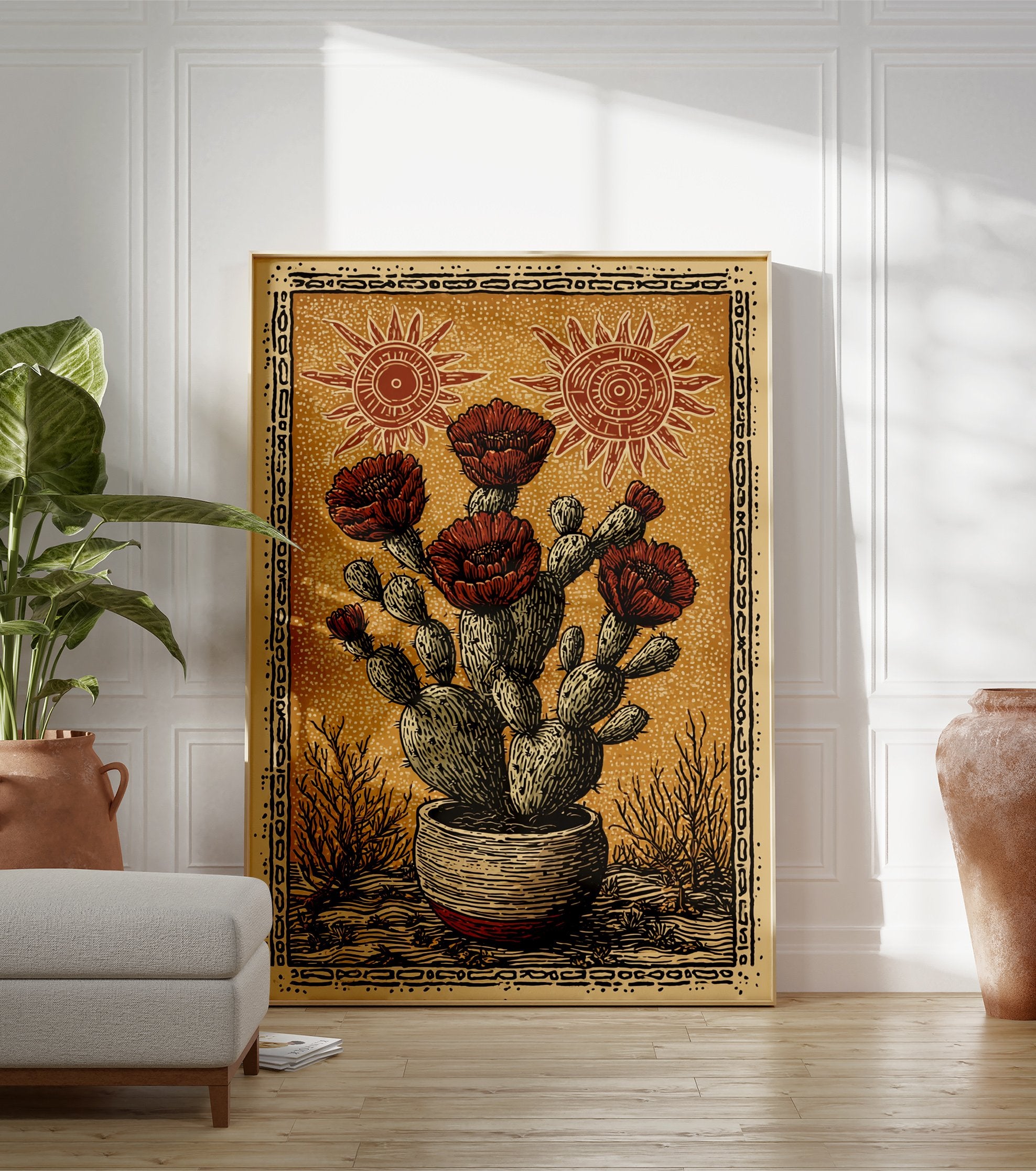 Potted prickly pear cactus flower poster with red blooms and stylized suns in a folk art style on an orange background. - Image 3