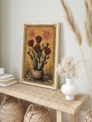 Potted prickly pear cactus flower poster with red blooms and stylized suns in a folk art style on an orange background. - Image 4