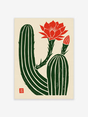 Illustrative cactus wall art with a vibrant red flower and bud on a textured cream background with a small red stamp