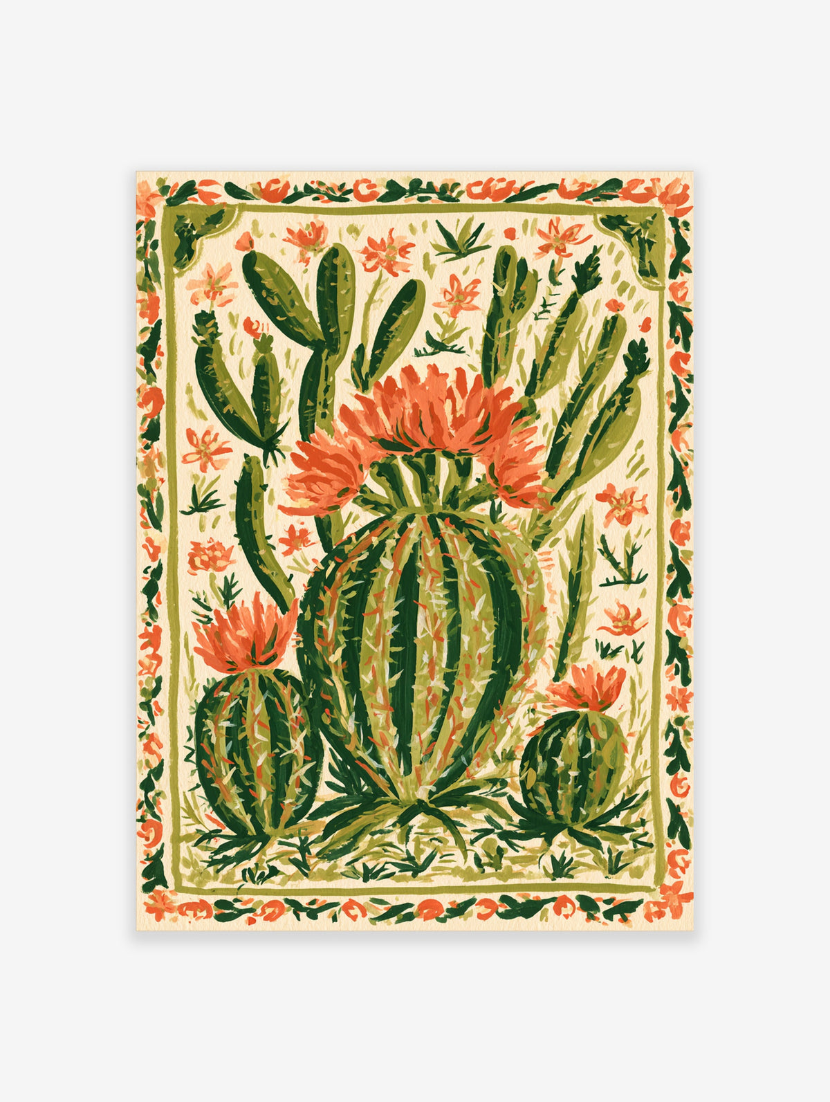 Green cactus flower botanical illustration art print with coral blooms and cream background
