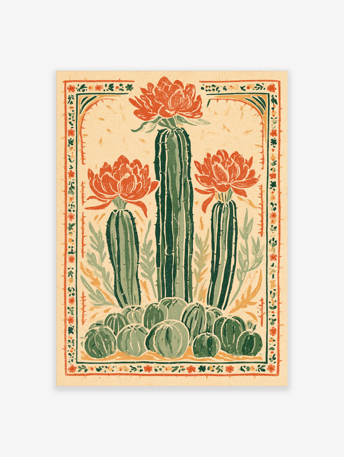 Cactus flower wall art print with three green cacti and orange blooms on cream background