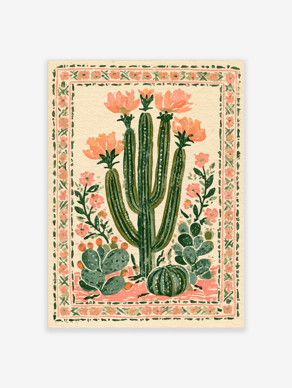 Cactus flower art print with tall saguaro, pink blooms, prickly pear pads, and patterned border