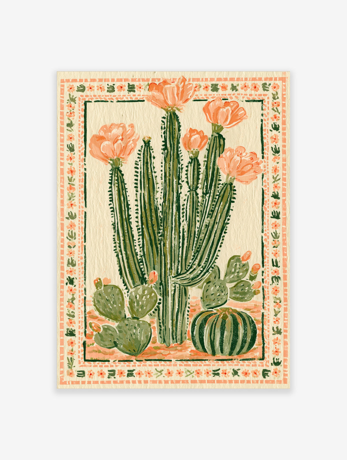 Green saguaro cactus with peach flowers, prickly pear and barrel cactus on cream background art print