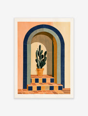Modern wall art print of a potted cactus inside a blue arched doorway with terracotta tiled stairs