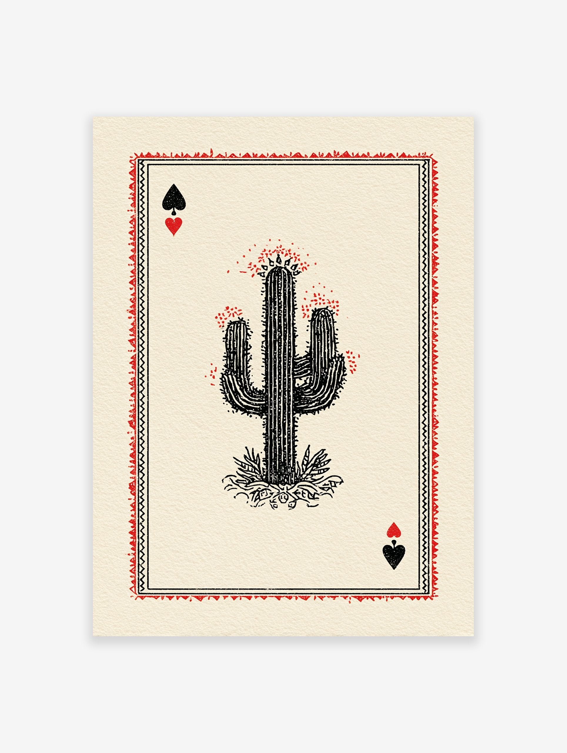 Cactus playing card poster with a black saguaro cactus, red flowers, and black spade and red heart symbols on a cream background.