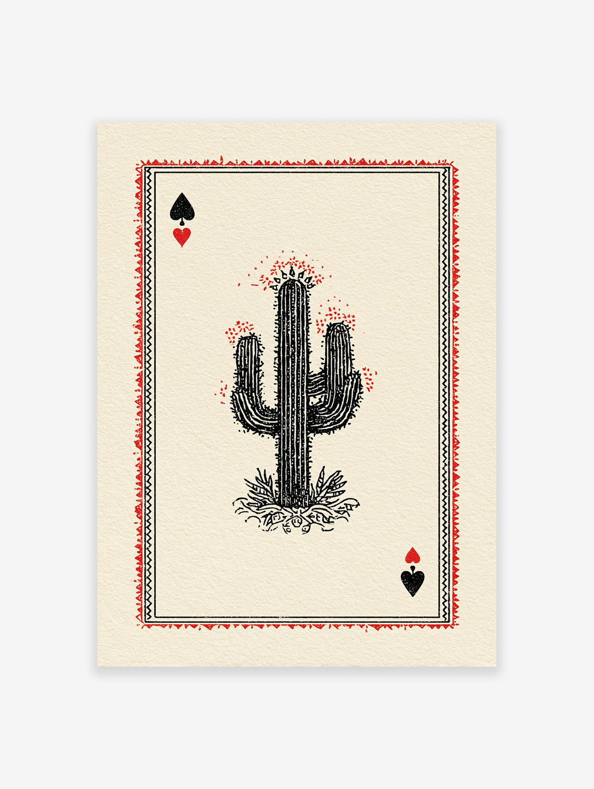 Cactus playing card poster with a black saguaro cactus, red flowers, and black spade and red heart symbols on a cream background.