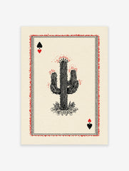 Cactus playing card poster with a black saguaro cactus, red flowers, and black spade and red heart symbols on a cream background.