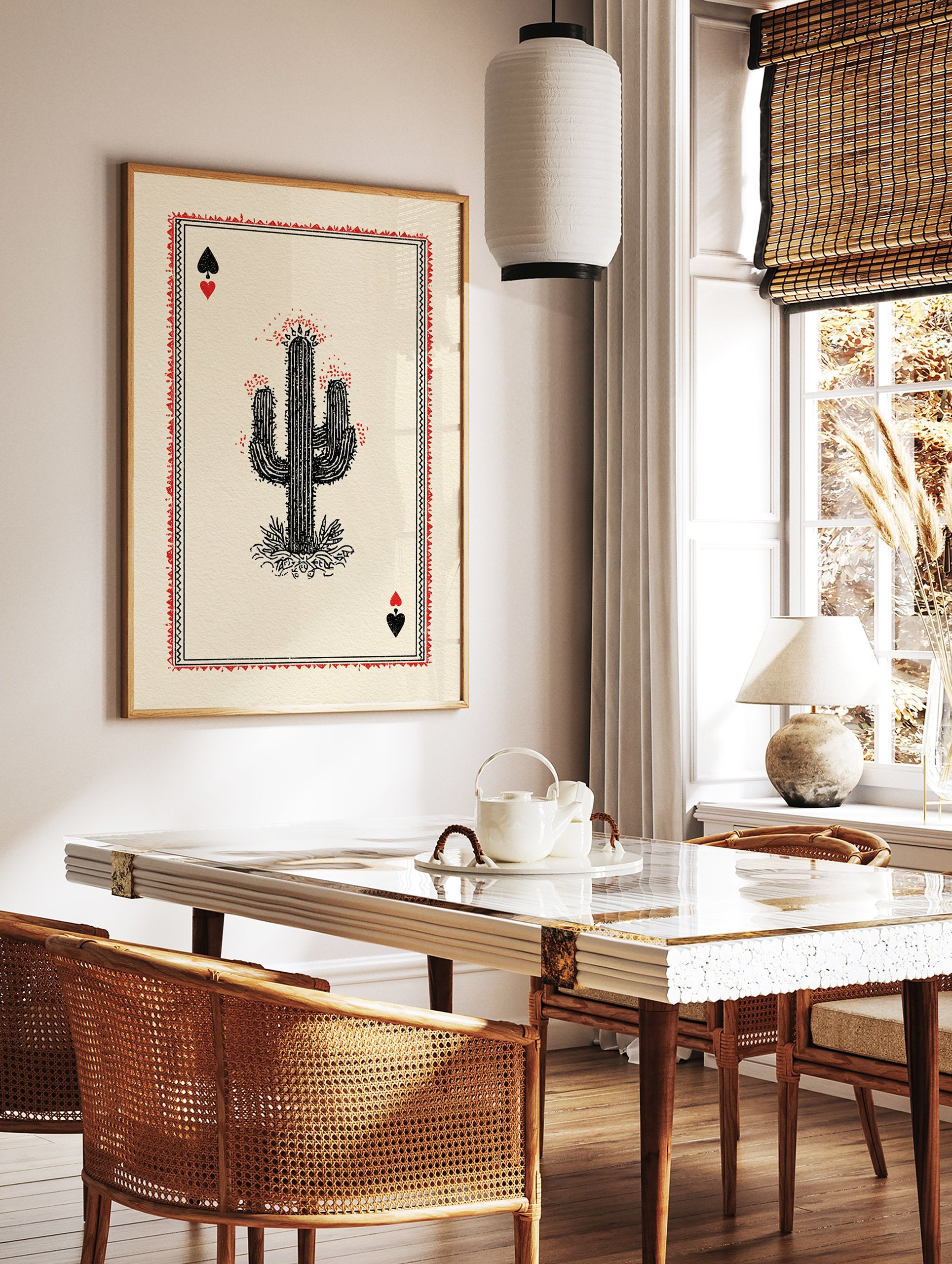 Cactus playing card poster with a black saguaro cactus, red flowers, and black spade and red heart symbols on a cream background. - Image 2