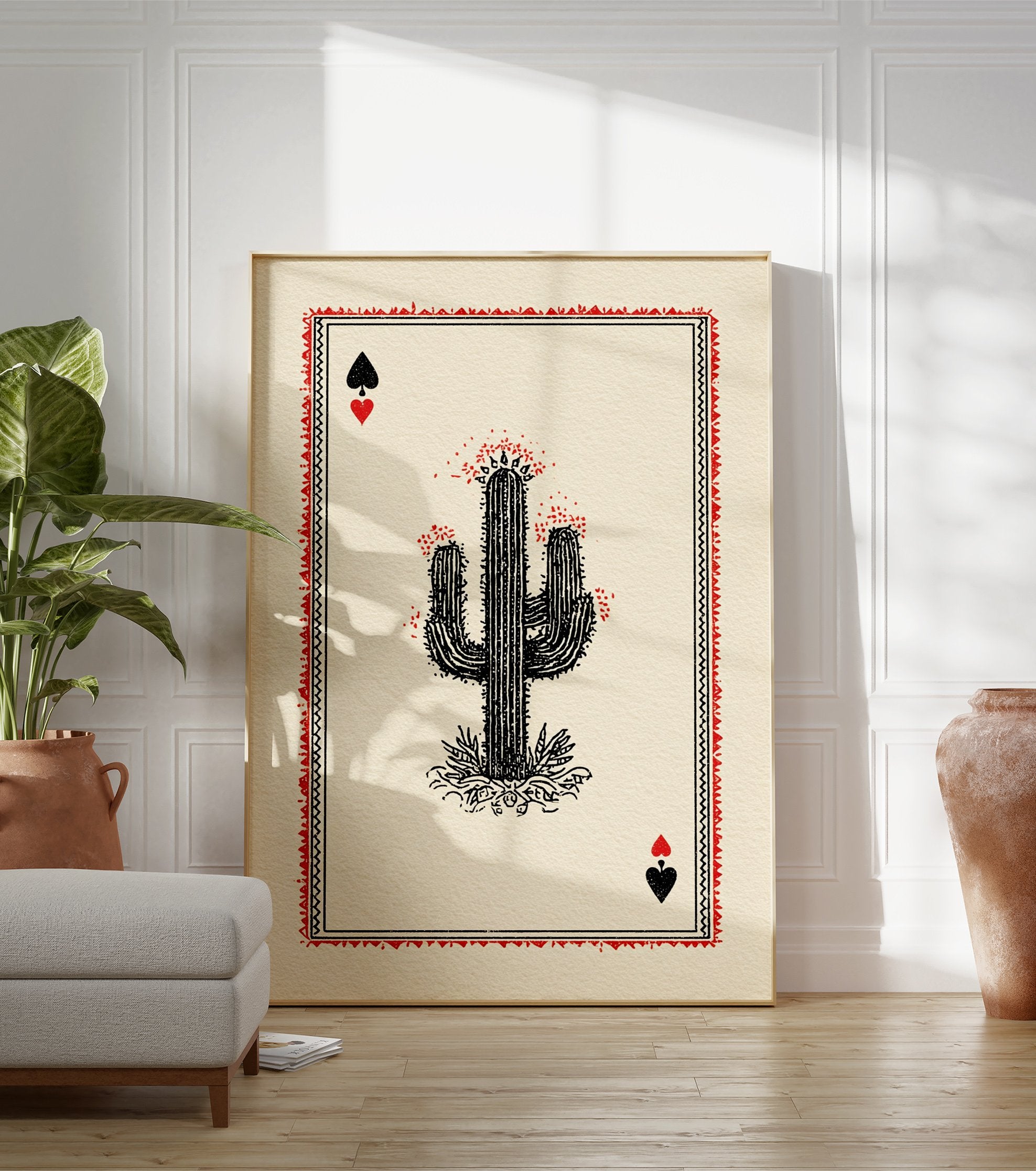 Cactus playing card poster with a black saguaro cactus, red flowers, and black spade and red heart symbols on a cream background. - Image 3