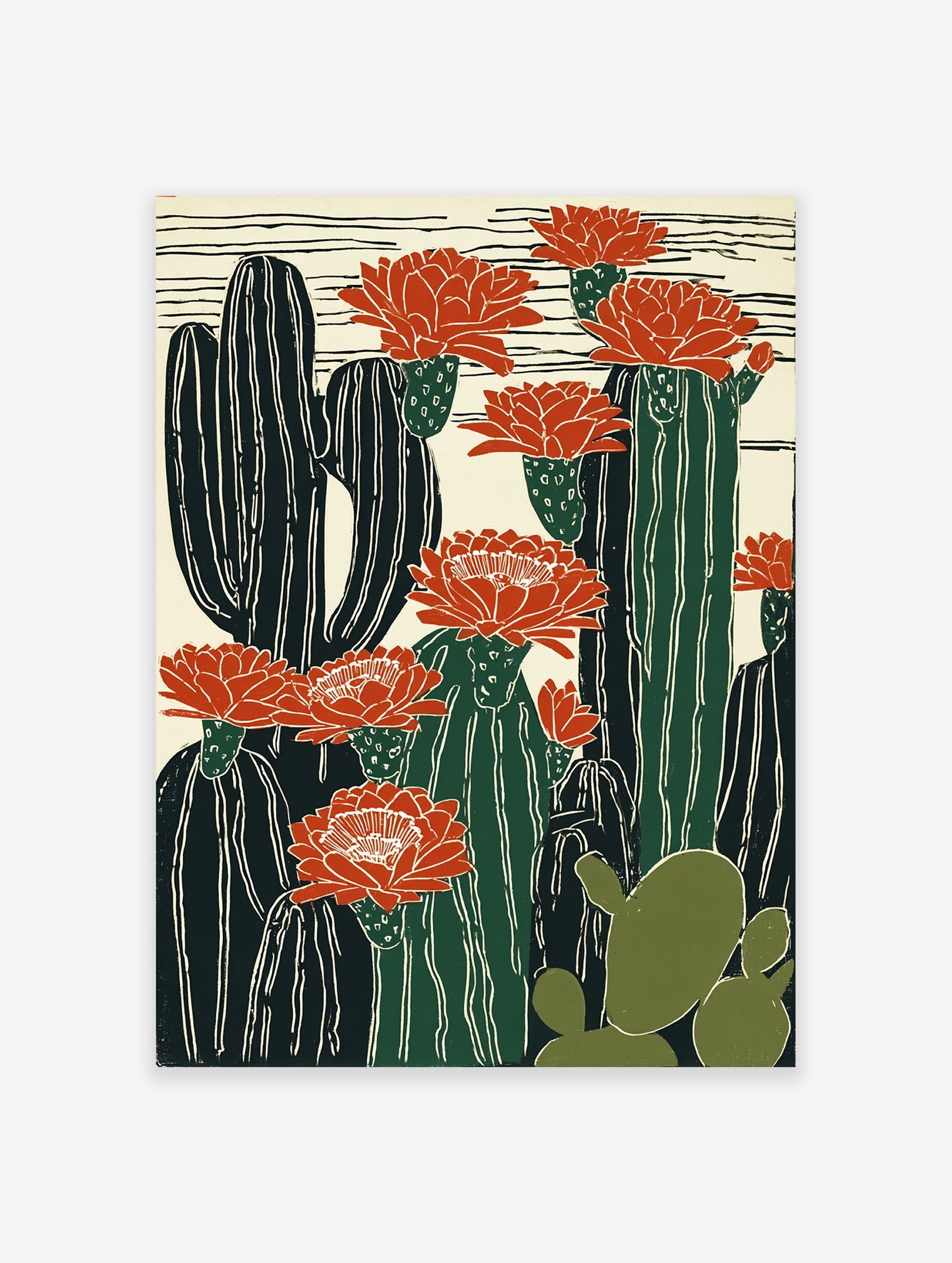 Cactus poster featuring tall saguaro-like cacti and prickly pear with vibrant red desert flowers on a cream background.