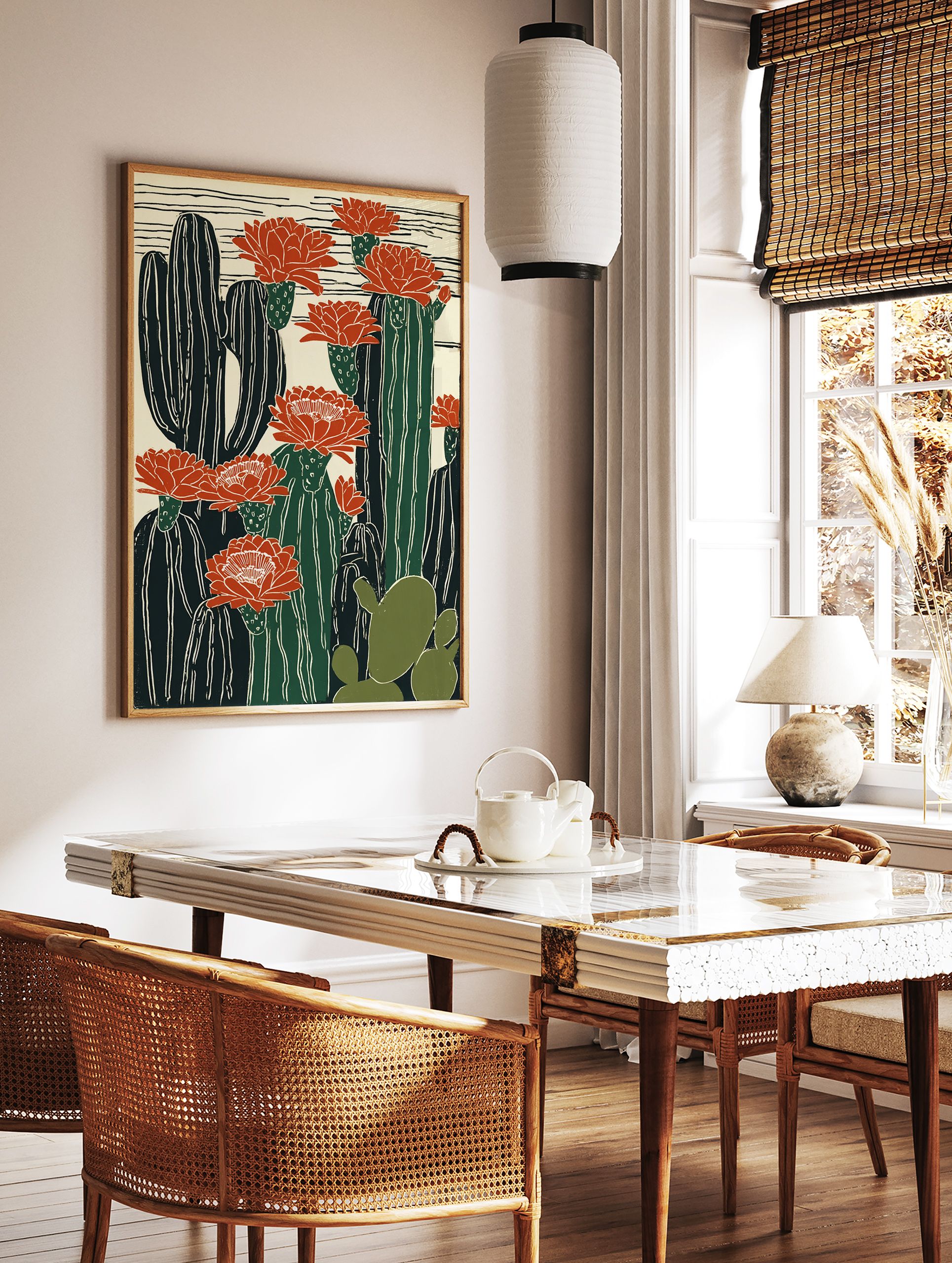 Cactus poster featuring tall saguaro-like cacti and prickly pear with vibrant red desert flowers on a cream background. - Image 2