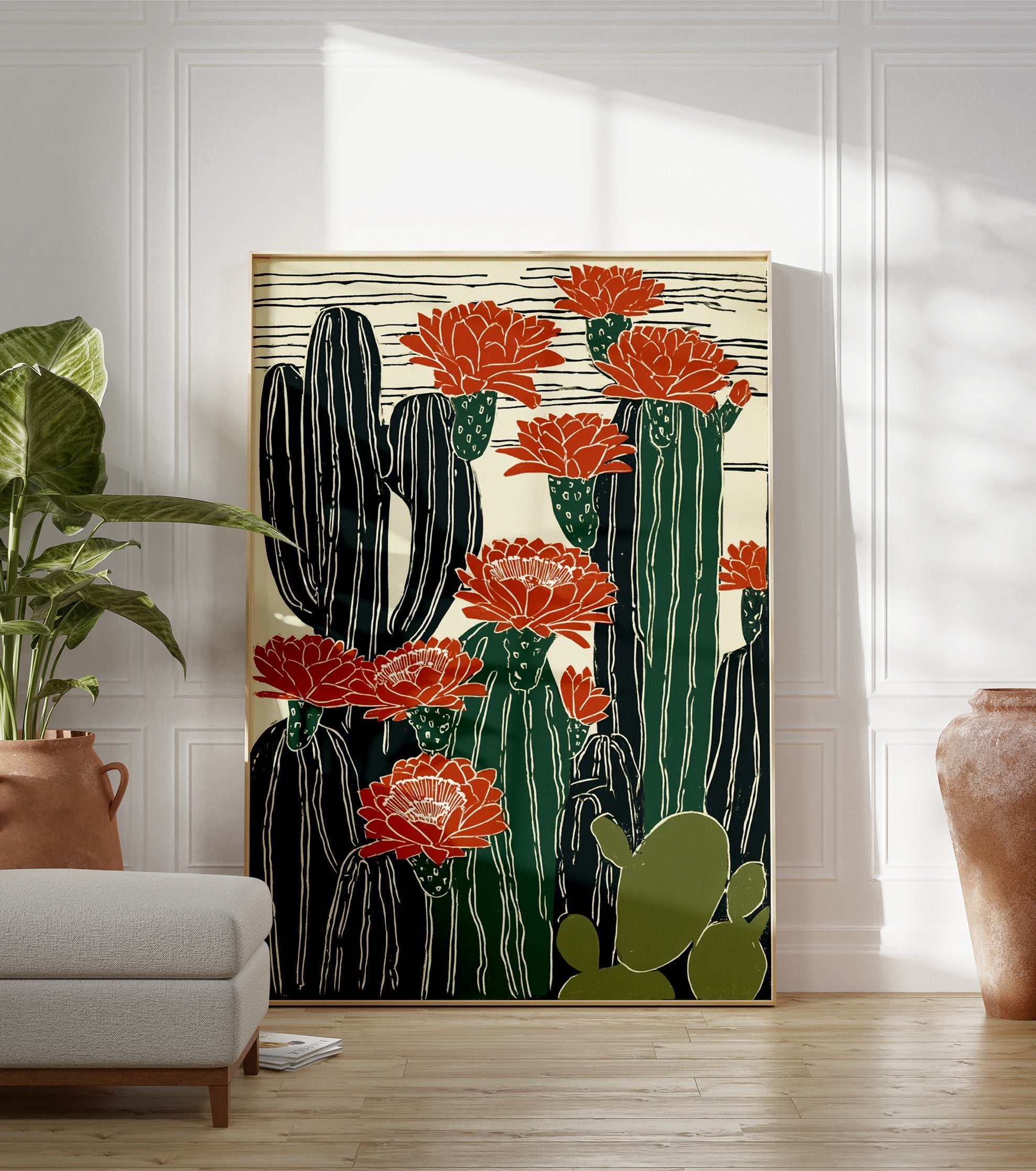 Cactus poster featuring tall saguaro-like cacti and prickly pear with vibrant red desert flowers on a cream background. - Image 3