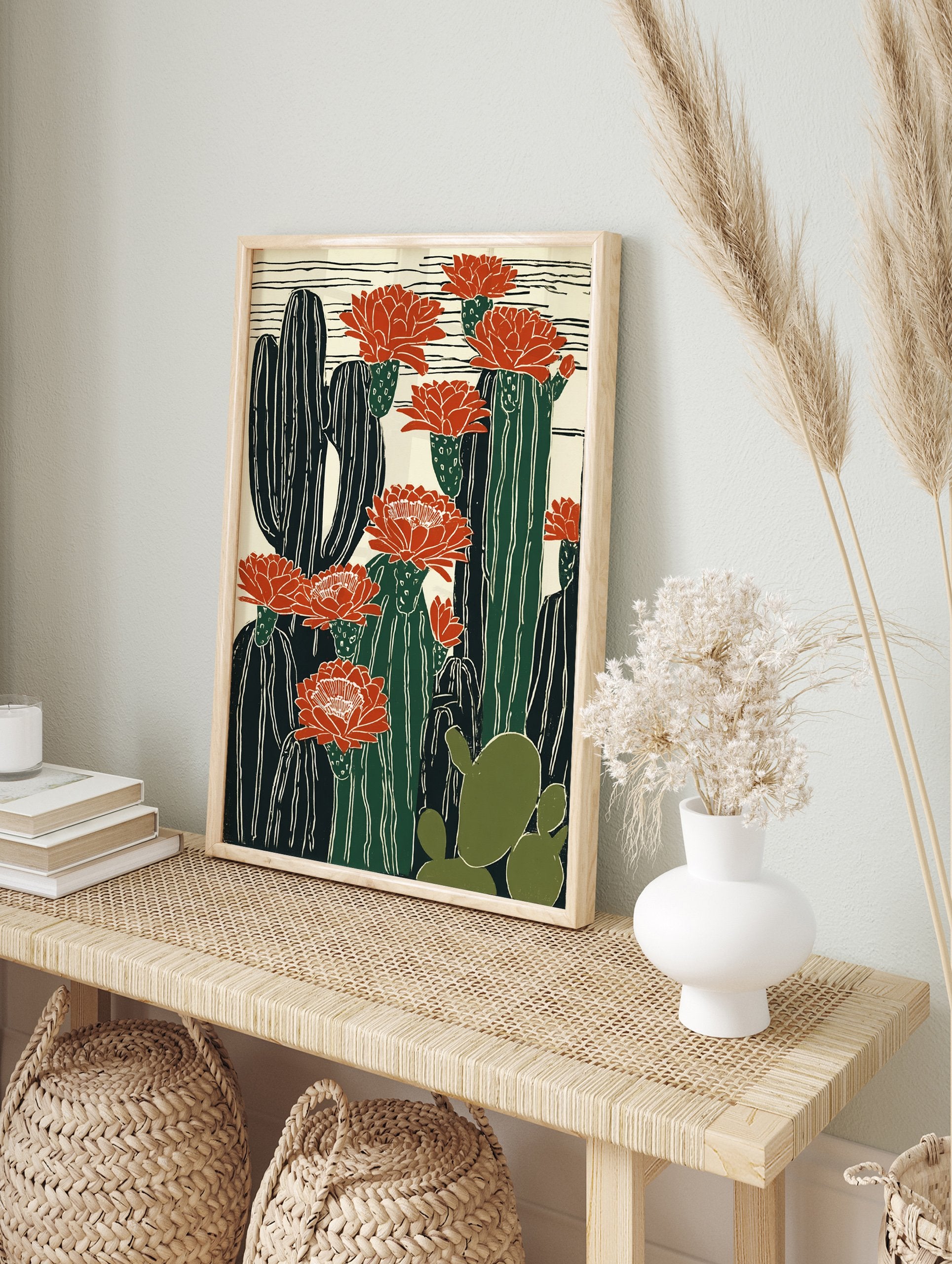 Cactus poster featuring tall saguaro-like cacti and prickly pear with vibrant red desert flowers on a cream background. - Image 4