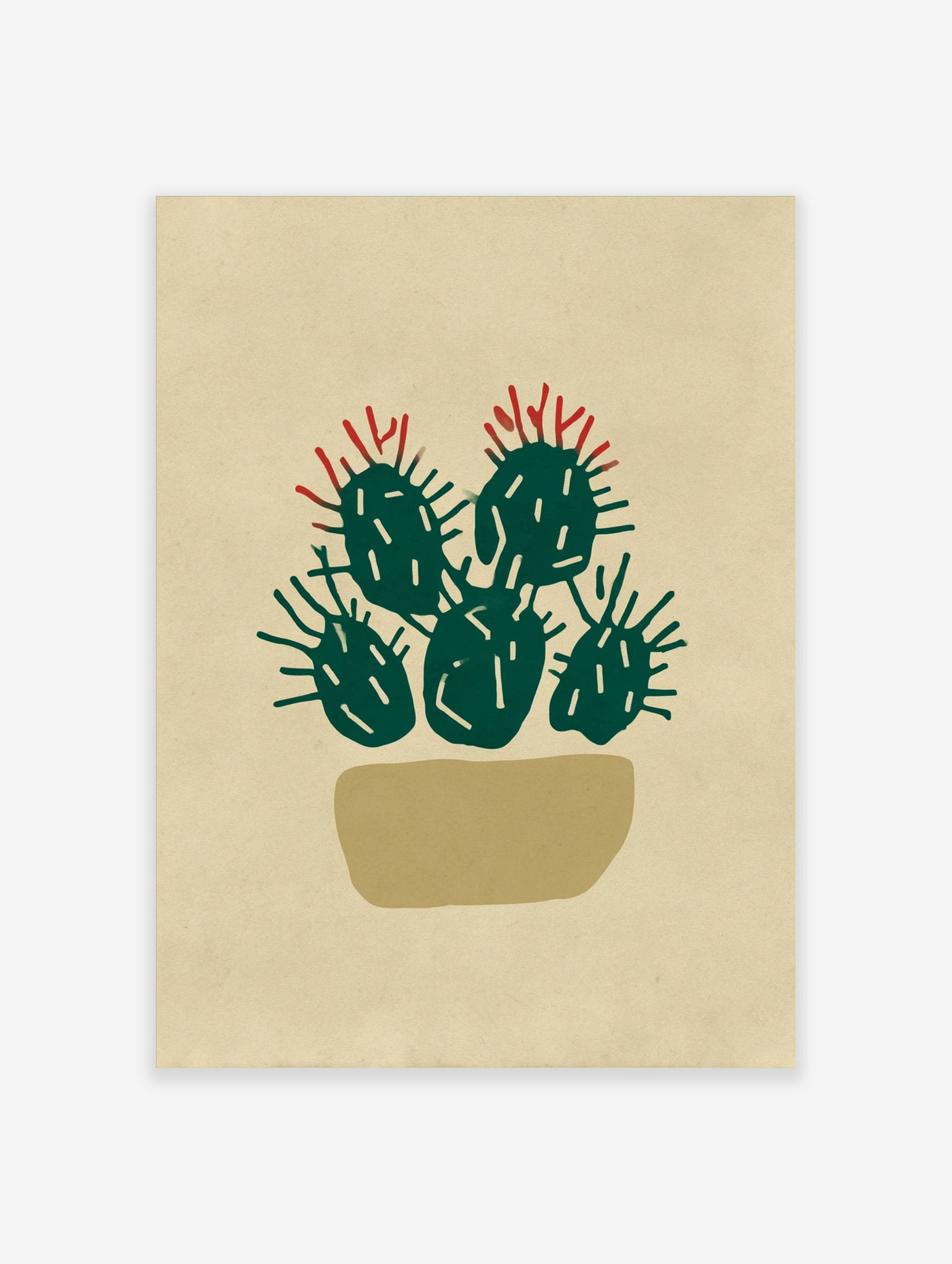 Illustrative cactus print with green pads, red spines, and beige pot on cream background
