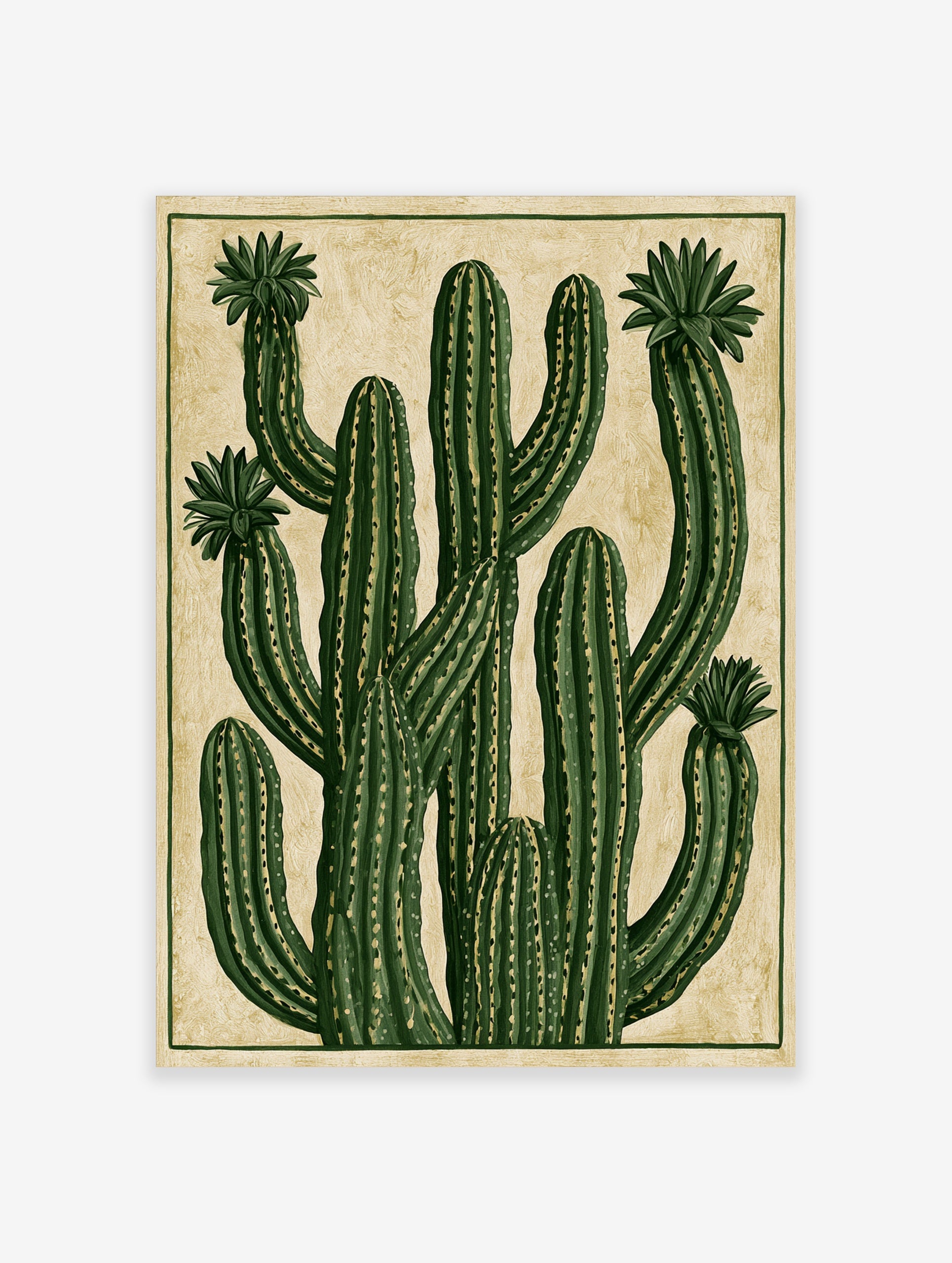 Stylised green cactus illustration with blooming flowers on a textured tan background botanical wall art print