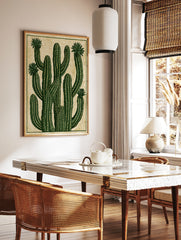 Stylised green cactus illustration with blooming flowers on a textured tan background botanical, in a styled room mockup