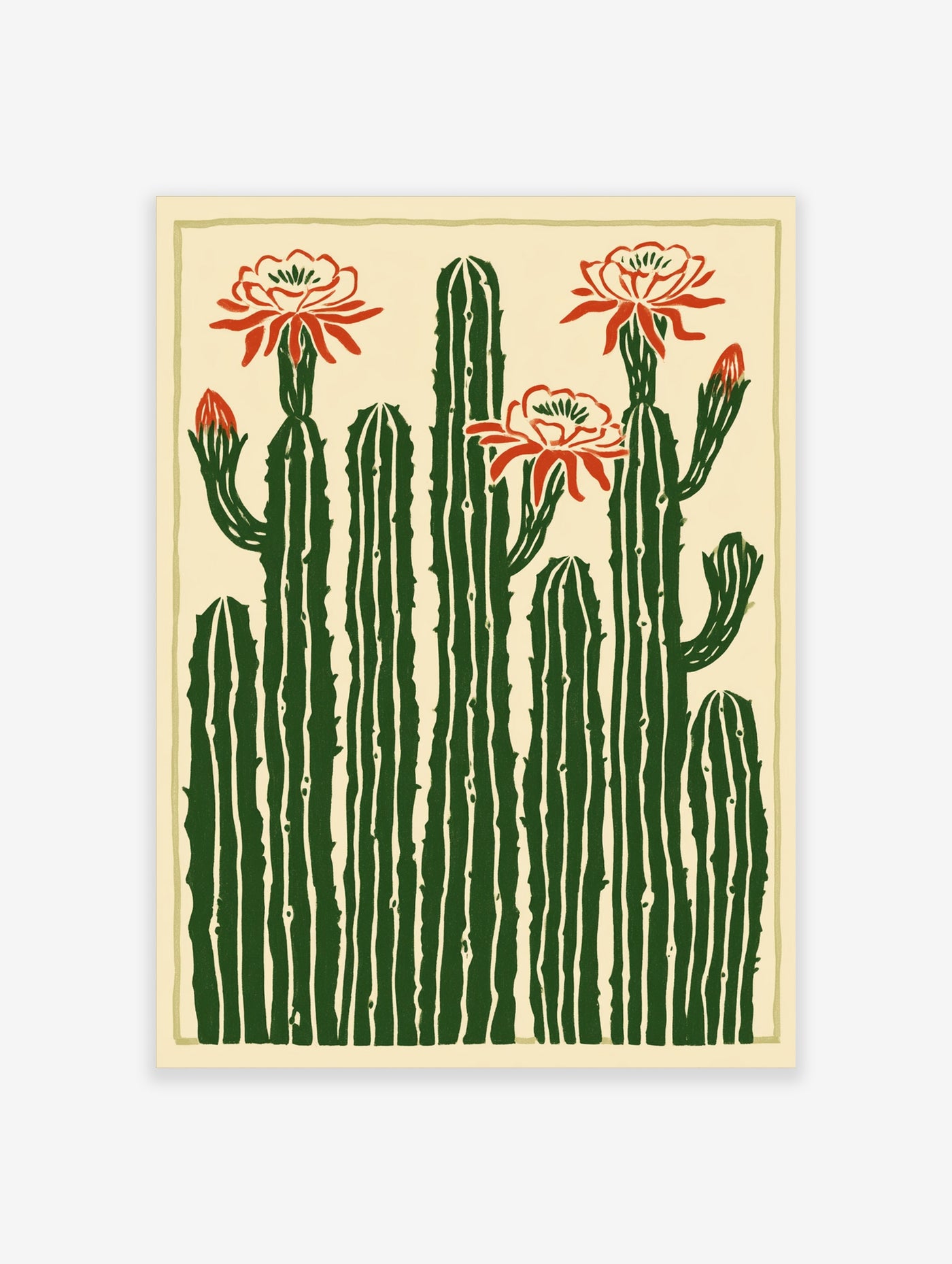 Botanical illustration of green cacti with vibrant orange-red flowers on a neutral beige background