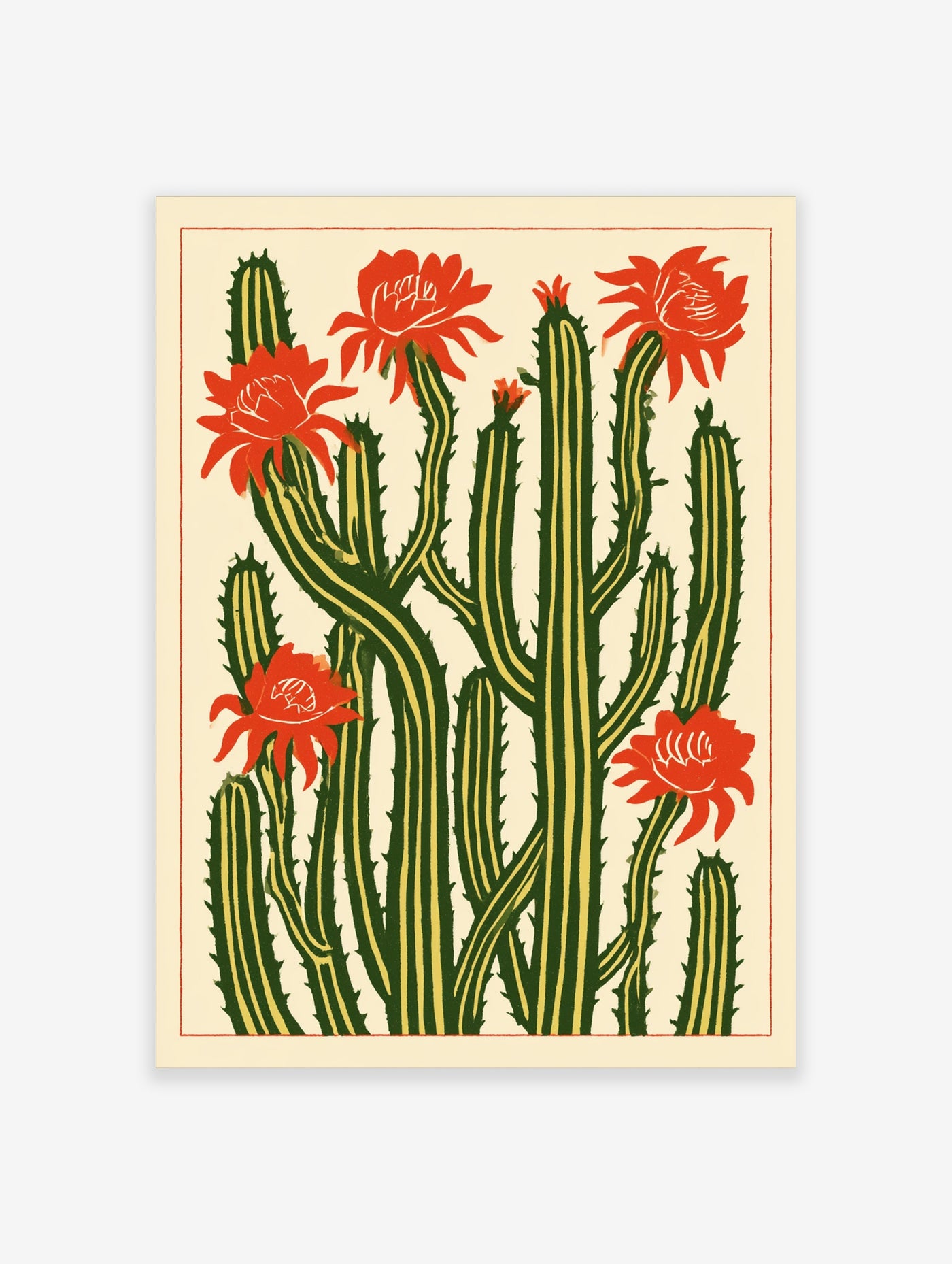 Illustrative cactus wall art with red flowers and green stems on a cream background