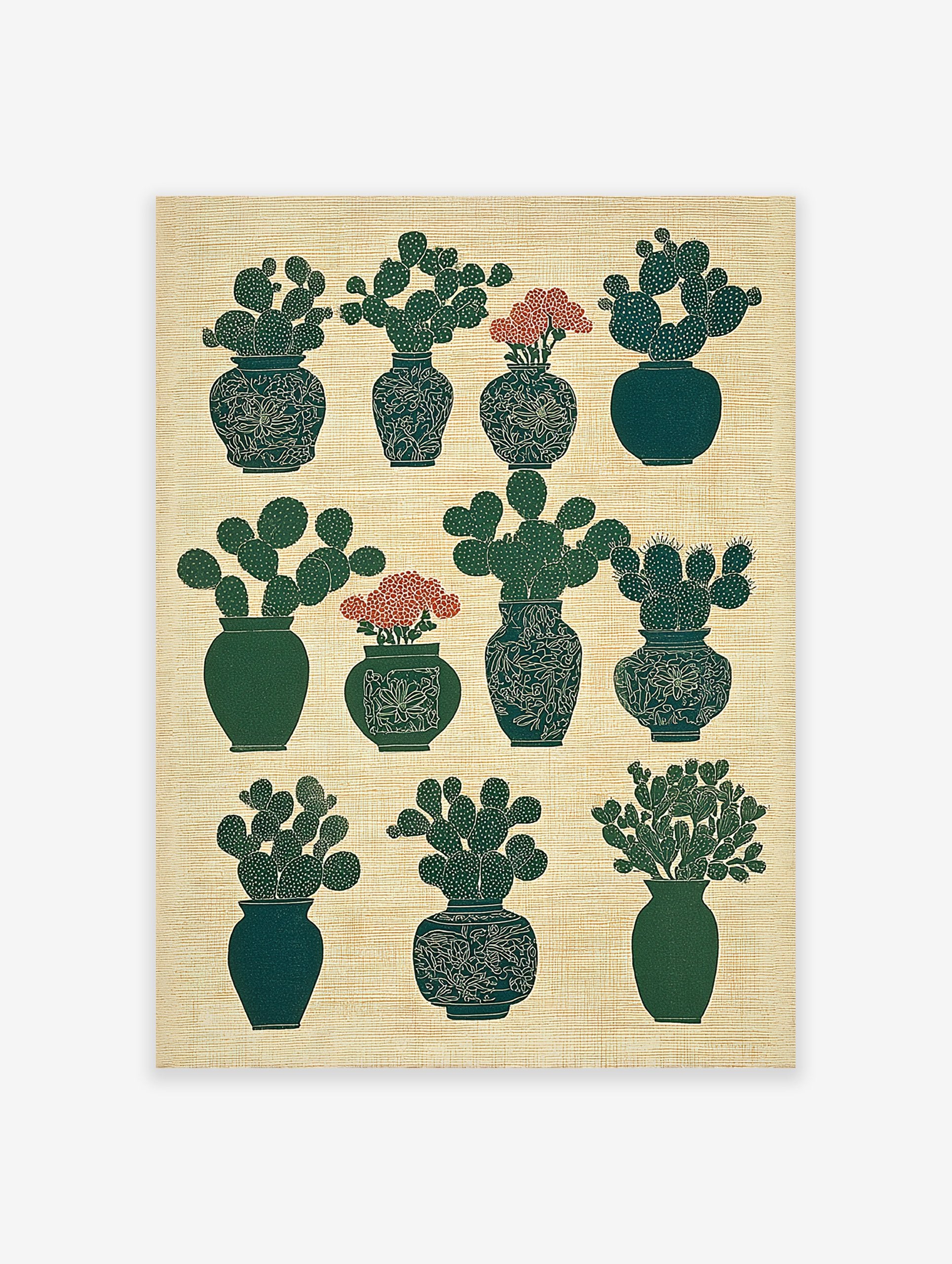 Green potted cactus botanical wall art print with red flowers arranged in a grid pattern on a textured beige background.