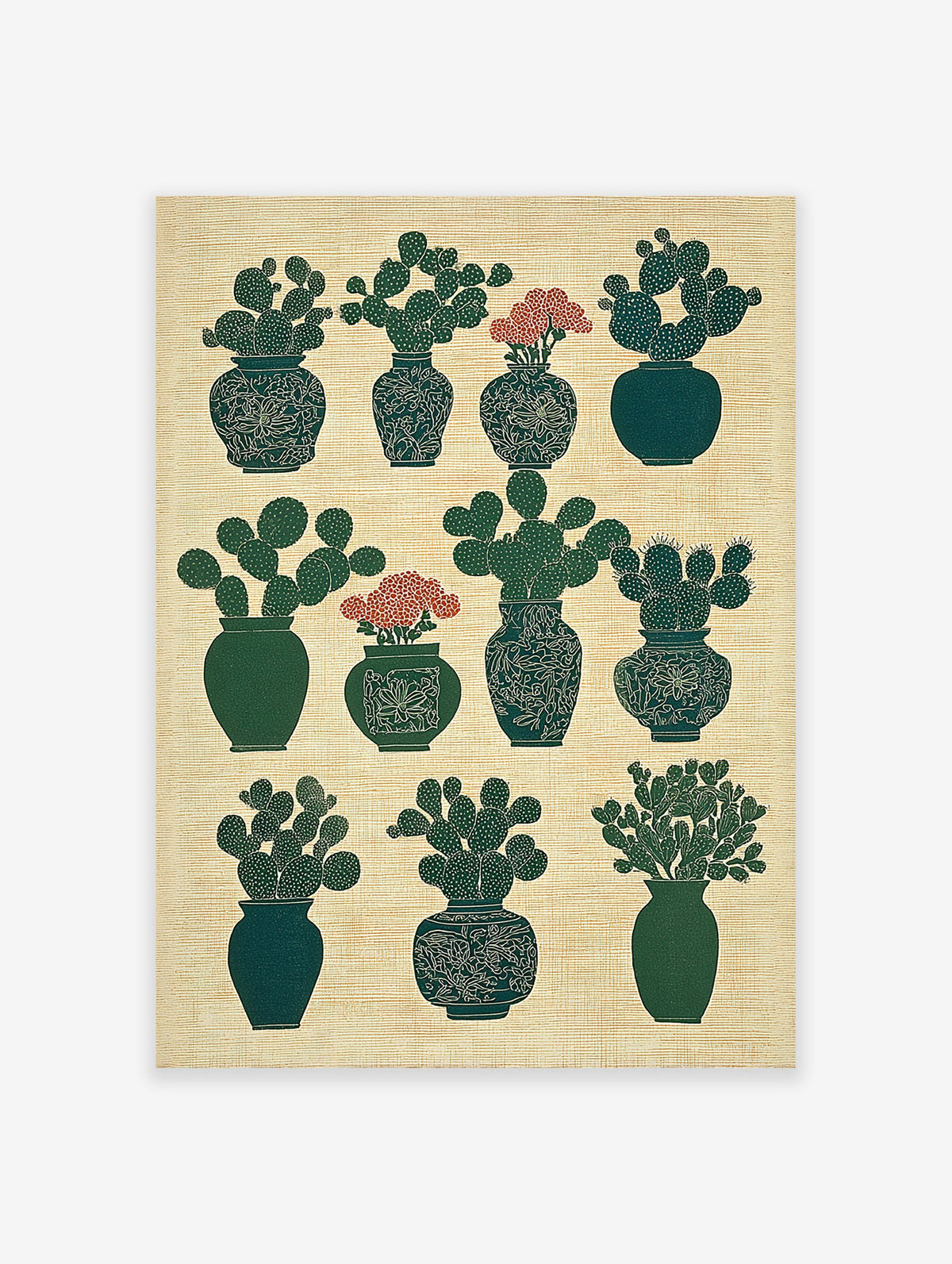 Green potted cactus botanical wall art print with red flowers arranged in a grid pattern on a textured beige background.