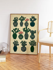 Green potted cactus botanical wall art print with red flowers arranged in a grid pattern on a textured beige background. - Image 2