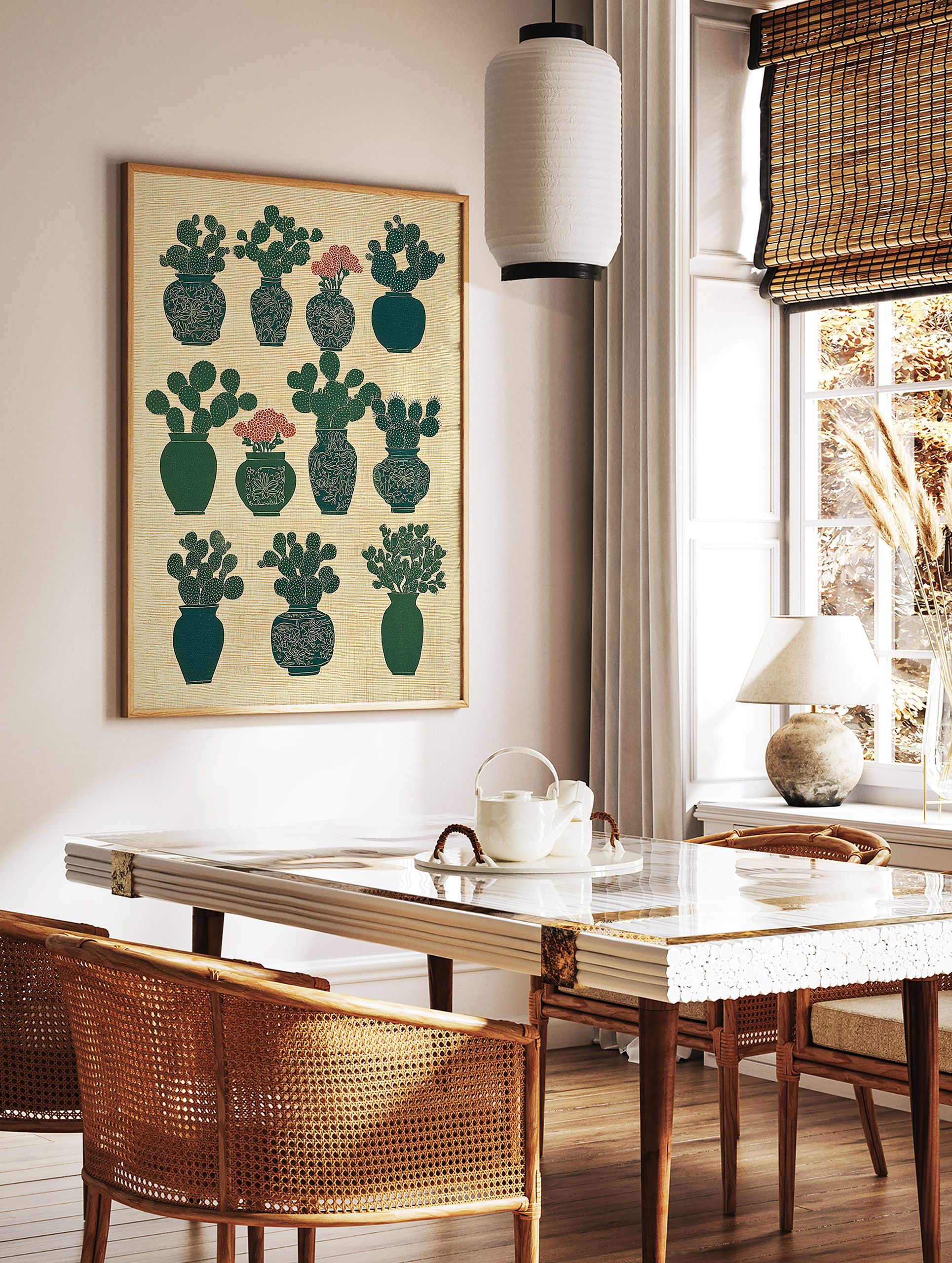 Green potted cactus botanical wall art print with red flowers arranged in a grid pattern on a textured beige background. - Image 3