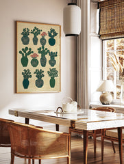 Green potted cactus botanical wall art print with red flowers arranged in a grid pattern on a textured beige background. - Image 3