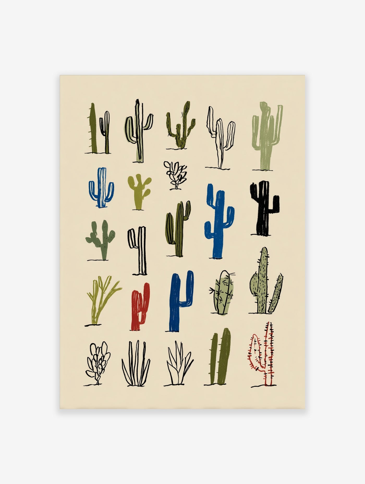 Grid of hand-drawn cacti in various colors on beige background, botanical illustration art print
