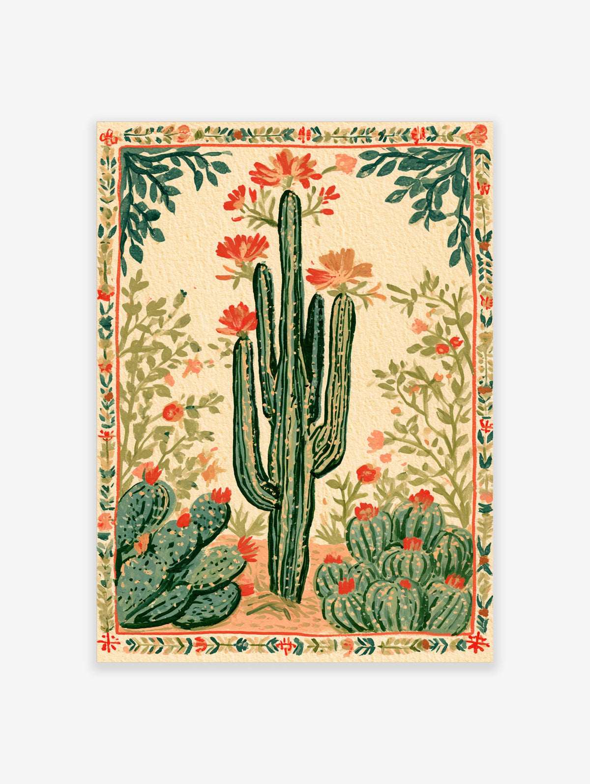Green saguaro cactus with red flowers and prickly pear cacti on cream background, desert botanical art print
