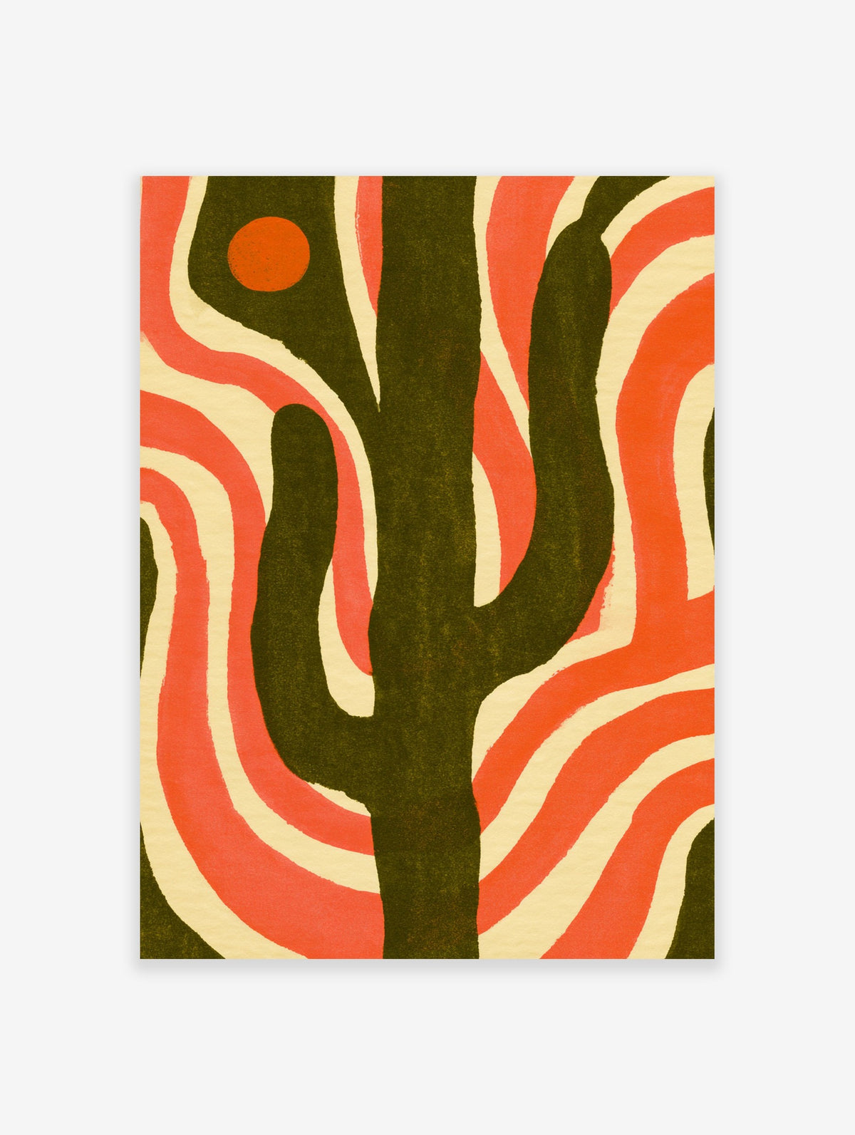 Cactus illustration with wavy orange and cream lines and an orange sun, a bold botanical wall art print