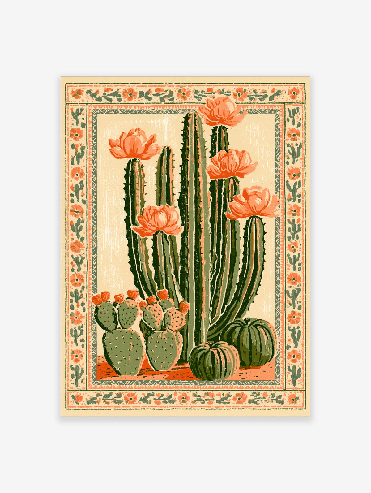 Retro cactus art print with flowering saguaro, prickly pear and barrel cacti in green and coral on cream