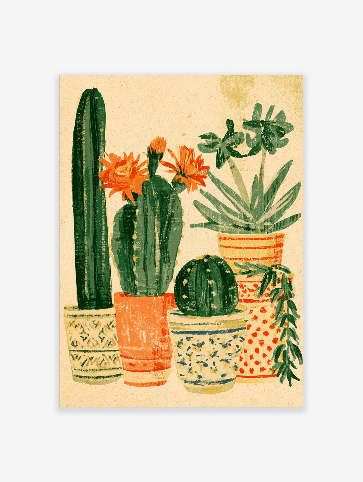 Cactus and succulent wall art print with orange flowers and patterned pots on cream background
