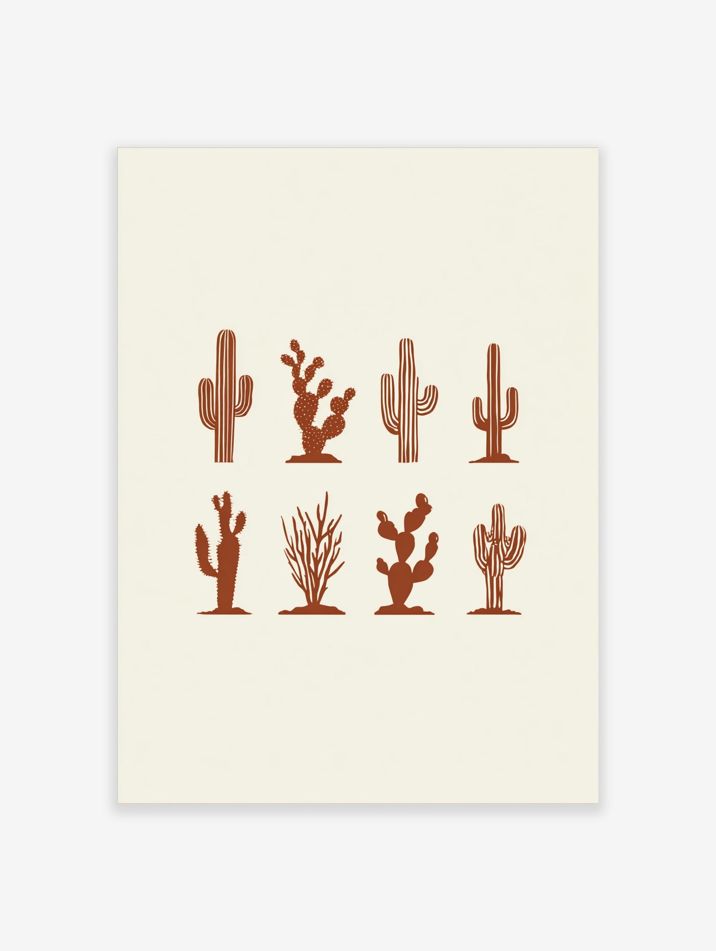 Cactus wall art print with eight brown desert plants on cream background